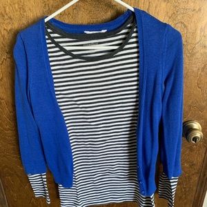 Blue cardigan with stripe undershirt